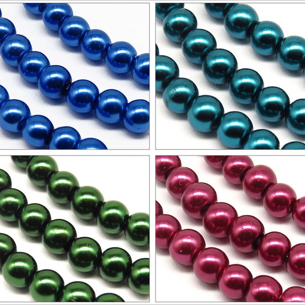 Lot de 50 Perles 6mm Rondes Nacrées en Verre couleur au Choix - Bleu - Vert - Vert canard - Grenat