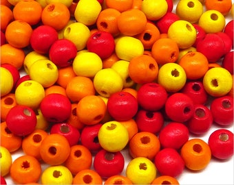 Lot de 300 Perles en Bois 8mm Mélange Rouge Orange Jaune