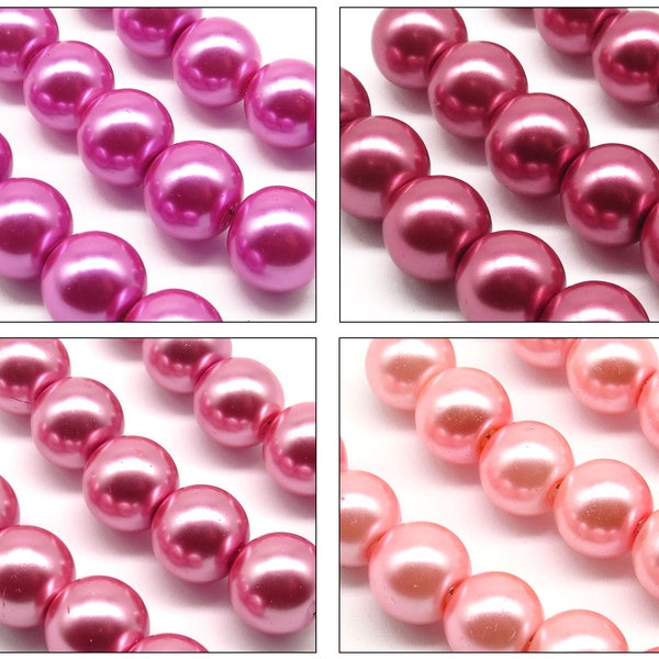 Lot de 20 Perles 10mm Rondes Nacrées en Verre couleur au Choix - Rose Fuchsia - Rose Vif - Rose - Rose Clair