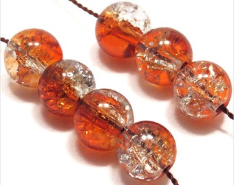 Set of 30 Cracked Pearls in 8mm Orange Bicolor Glass for Jewelry Creation