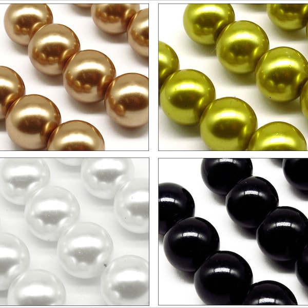 Lot de 10 Perles 12mm Rondes Nacrées en Verre couleur au Choix : Noisette - Blanc - Vert Olive - Noir
