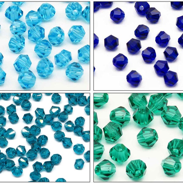 Lot de 40 Perles Tchèque Toupie 4mm en cristal Plusieurs couleurs au Choix: Bleu - Aquamarine - Bleu Vert - Vert Emeraude