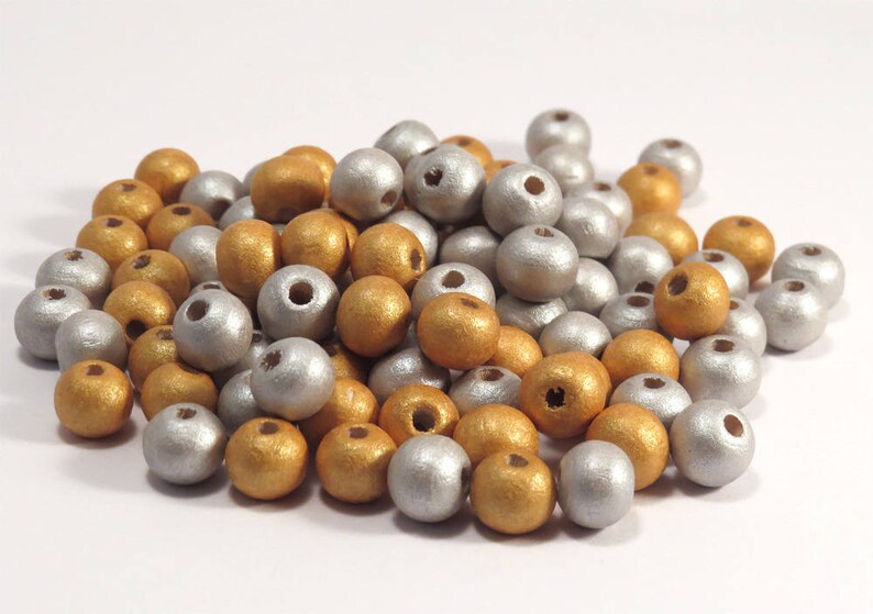 Mélange assorti 100 perles Rondes en bois 8mm Doré Argenté image 2