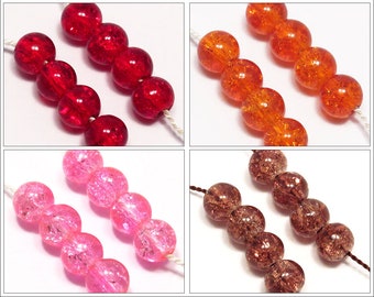 Lot de 50 Perles Rondes Craquelées en Verre 6mm Couleur au Choix - Rouge - Rose - Orange - Marron