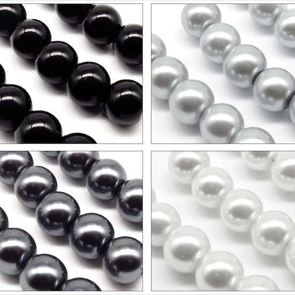 Lot de 20 Perles 10mm Rondes Nacrées en Verre couleur au Choix - Noir - Blanc - Anthracite - Argenté