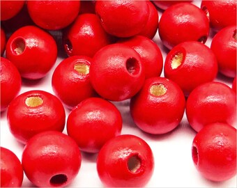 Perles Rondes en Bois 10mm Rouge pour Création de Bijoux, Lot de 40 pcs