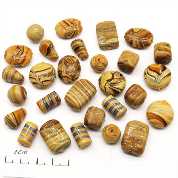 Lot Variée de Perles artisanales Lampwork style Murano, Beige Marron, pour Création de Bijoux Elégants et Uniques