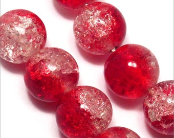 Lot de 20 Perles Rondes Craquelées en Verre 10mm Bicolore Rouge transparent