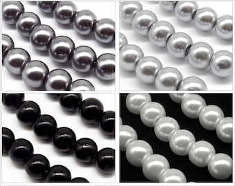 Lot de 30 Perles 8mm Rondes Nacrées en Verre couleur au Choix - Noir - Blanc - Gris - Argenté