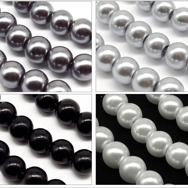 Lot de 30 Perles 8mm Rondes Nacrées en Verre couleur au Choix - Noir - Blanc - Gris - Argenté