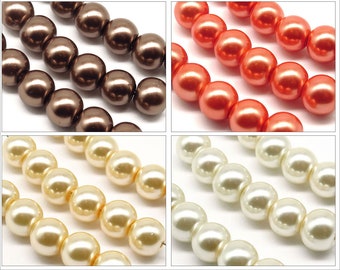 Lot de 30 Perles 8mm Rondes Nacrées en Verre couleur au Choix - Marron - Orange - Beige - Ivoire
