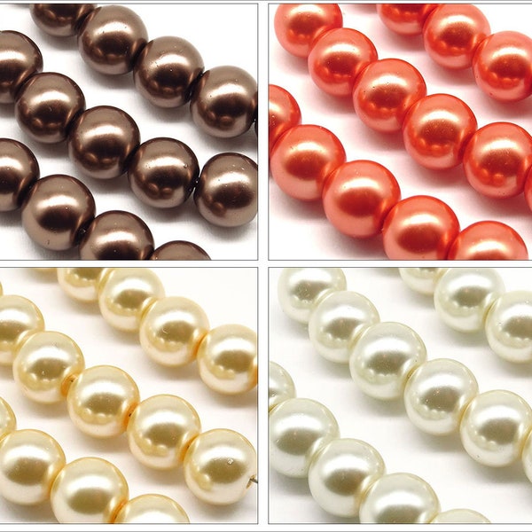 Lot de 30 Perles 8mm Rondes Nacrées en Verre couleur au Choix - Marron - Orange - Beige - Ivoire