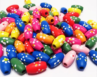 Lot de Perles Ovales en Bois, Mélange de couleurs, Idéal Activités de Loisir Créatif avec Enfant, à l’École ou en Famille, Lot de 100 pcs