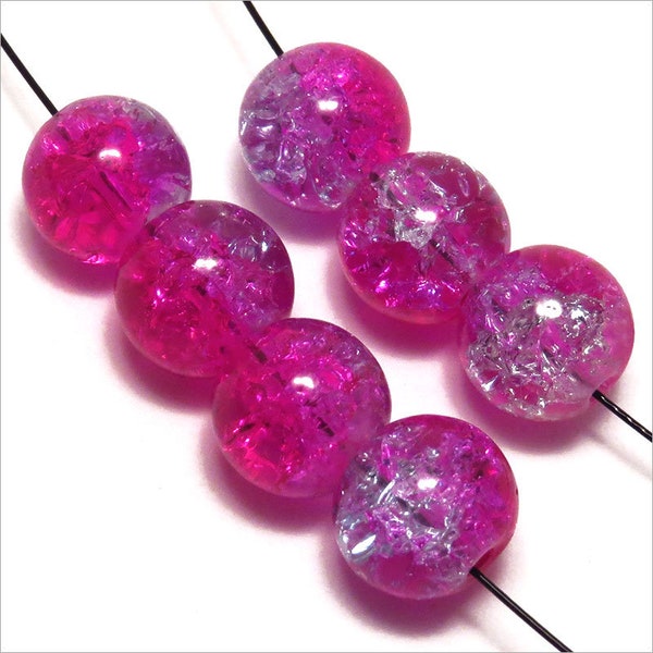 Lot de 30 Perles Rondes Craquelées en Verre Bicolore 8mm Fuchsia pour Création de Bijoux