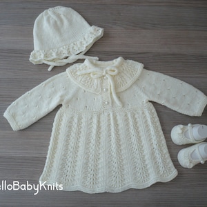 Hand knit baby girl outfit, Baptism baby outfit, White baby outfit 3-6 months, Newborn girl gift, Baby girl winter outfit, Baby girl dress