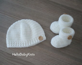 Crochet baby hat with booties, Newborn boy knit hat, Baby boy take home set, Baby knit hat