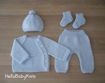 Hand knit Newborn boy outfit: Take home outfit, Baby sweater set, Baby boy shower gift