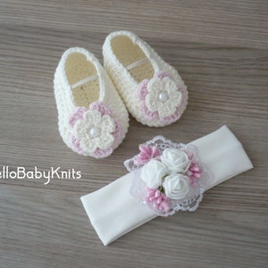 Crochet baby girl shoes with headband, Baby girl shoes, Crochet baby booties, Baby girl gift, Handmade baby shoes
