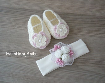 Crochet baby shoes with headband 0-3 months, Newborn girl gift, Baby girl shoes, Crochet baby booties