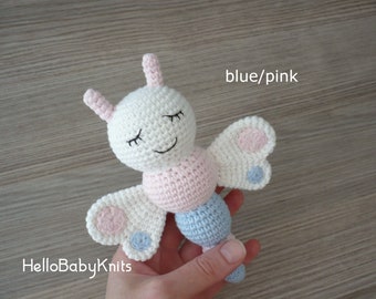 Newborn girl gift crochet rattle butterfly, Organic baby toys, Baby girl toys, Baby girl shower gift