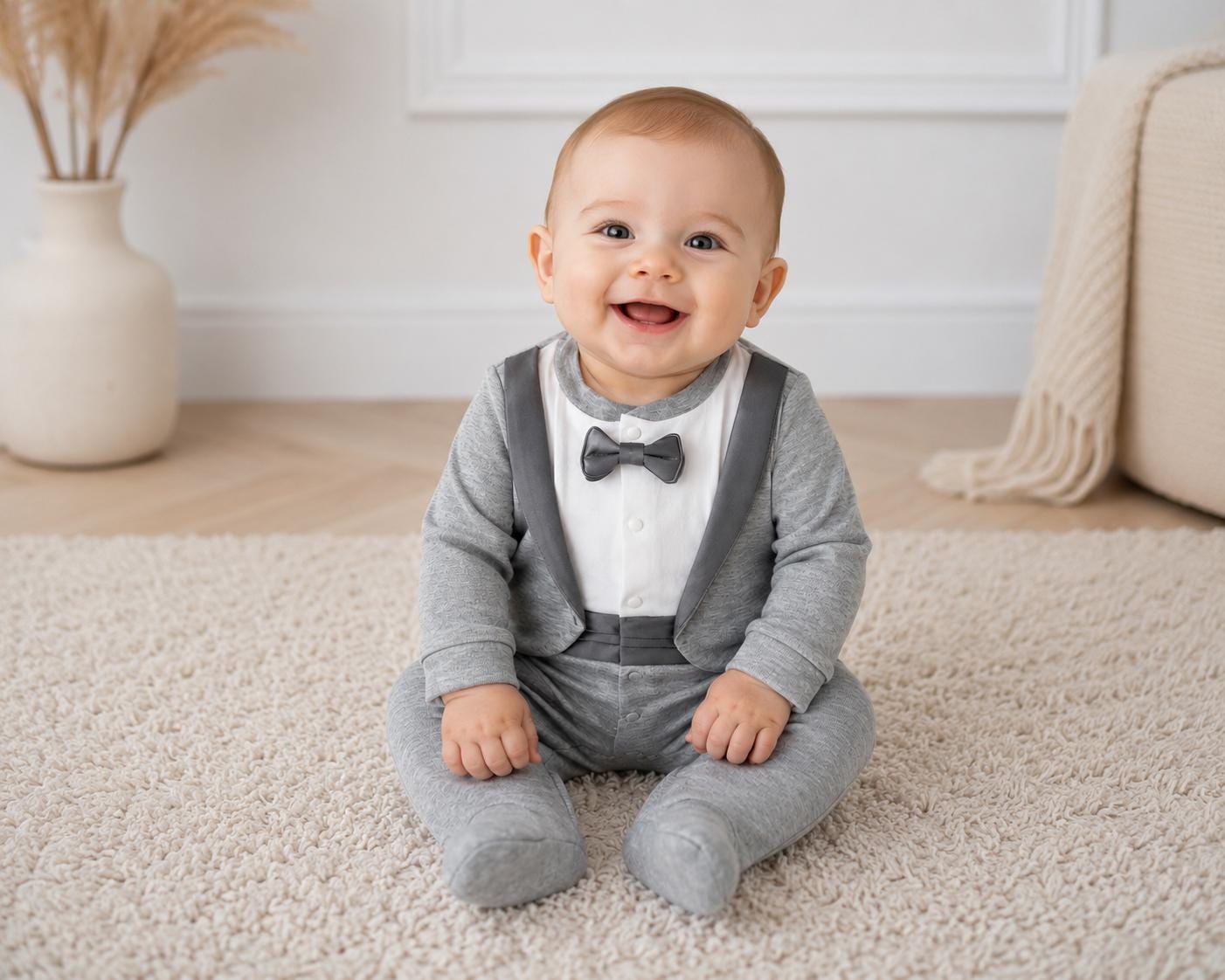 Newborn Baby Tuxedo Suit, Grey Wedding Suit, Boy Christening Baptism Outfit