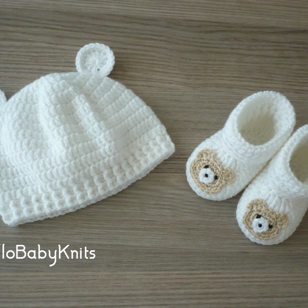 Chapeau de bébé ours en peluche avec chaussons, photographie de garçon nouveau-né, chapeau de bébé au crochet oreilles d'ours avec chaussons