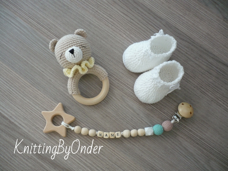 Custom baby boy gift New baby gift Teddy bear baby gift Name pacifier clip with booties