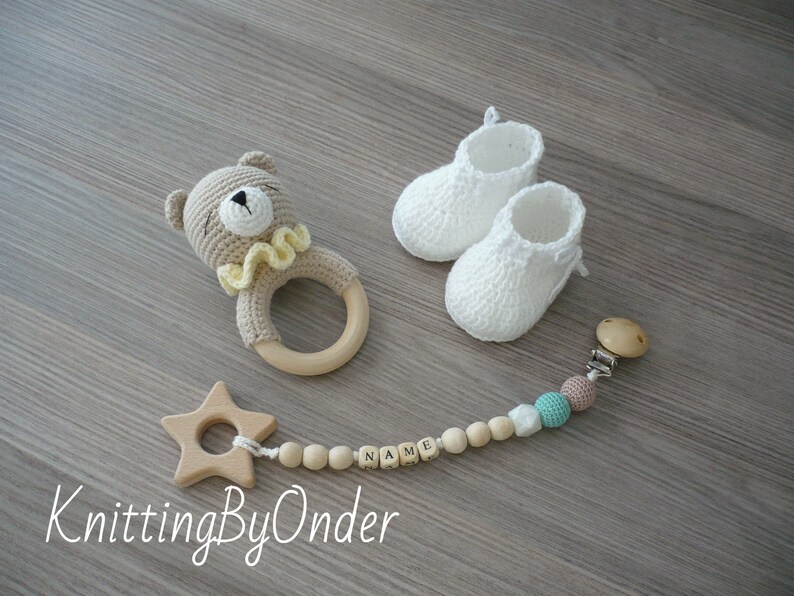 Custom baby boy gift New baby gift Teddy bear baby gift Name pacifier clip with booties
