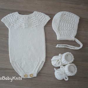 Hand knit baby girl outfit, Baptism outfit, Organic cotton baby romper, bonnet, booties, White baby outfit, Take home set, Newborn girl gift