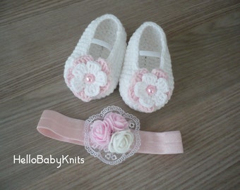 Crochet baby shoes with headband 0-3 months, Newborn girl gift, Baby girl shoes, Crochet baby booties