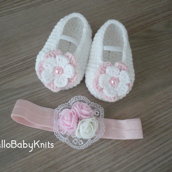 Crochet baby shoes with headband 0-3 months, Newborn girl gift, Baby girl shoes, Crochet baby booties