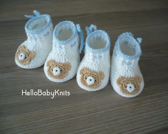 Patucos blancos de ganchillo para bebé con osito de peluche, regalo para baby shower de niño recién nacido.