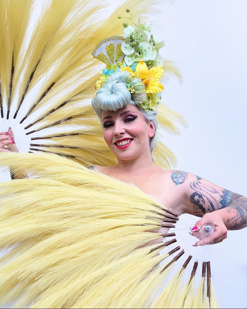 Ready to Ship Giant Yellow Pampa Faux Feather Fans Vegan Burlesque Drag