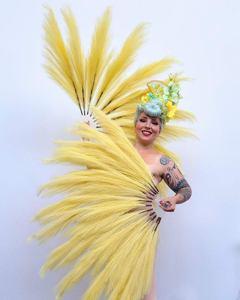 Ready to Ship Giant Yellow Pampa Faux Feather Fans Vegan Burlesque Drag