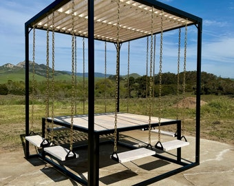 Custom Metal Swing Table 8 Seater / Patio / Table / Indoor - Outdoor use / Pergola / Gold Chain / Wood Table / Picnic / White Wash Wood