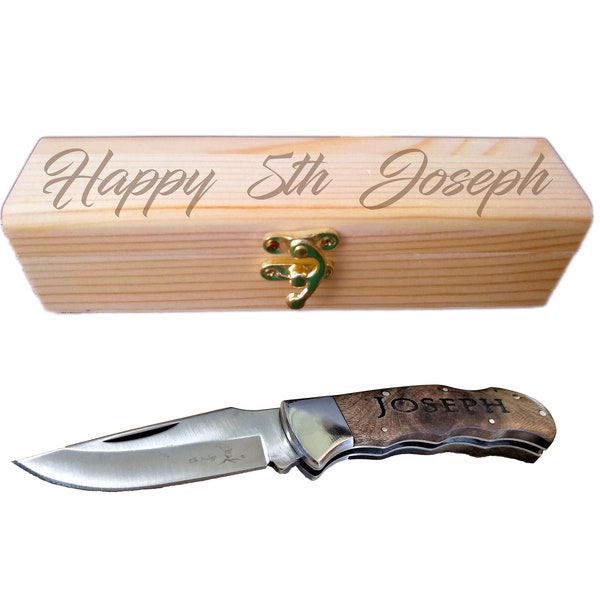 5th Anniversary Gift For Him | Laser Engraved Knife & Wood | Uniquely Personalized for men, Husband, Boyfriend | High-quality Custom Hunting