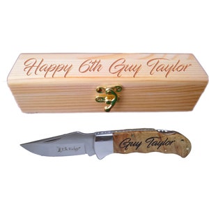 6th Anniversary Gift For Him | Pocket Knife & Wood Gift Box | Iron Anniversary 6 year wedding - Personalized Custom Laser Engraved Present