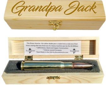 May include: A wooden box with a brass bullet pen inside. The box is engraved with the words "Grandpa Jack". The pen is made from a real once fired brass casing that was fired out of a heavy machine gun by the US Military. The box is made by Brass Honcho, a veteran owned company.