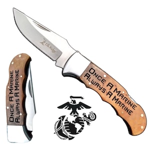 US Marine Corps Gifts | &quot;Once A Marine &quot; Engraved Pocket Knife | marine corps flag emblem | USMC Gifts for Him SEMPER Fi Personalized