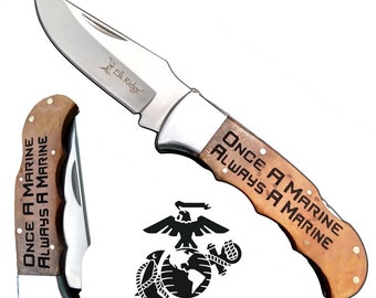 US Marine Corps Gifts | &quot;Once A Marine &quot; Engraved Pocket Knife | marine corps flag emblem | USMC Gifts for Him SEMPER Fi Personalized