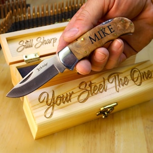 11th Anniversary Steel gift for him | Engraved Pocket Knife & Laser Engraved Gift Box | Personalized Unique Manly 11 Year Present