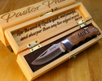 Cuchillo de caza / Idea de regalo para pastor, Navaja de bolsillo grabada y caja de regalo, Regalo personalizado, Navaja de agradecimiento para pastor, Cumpleaños de pastor