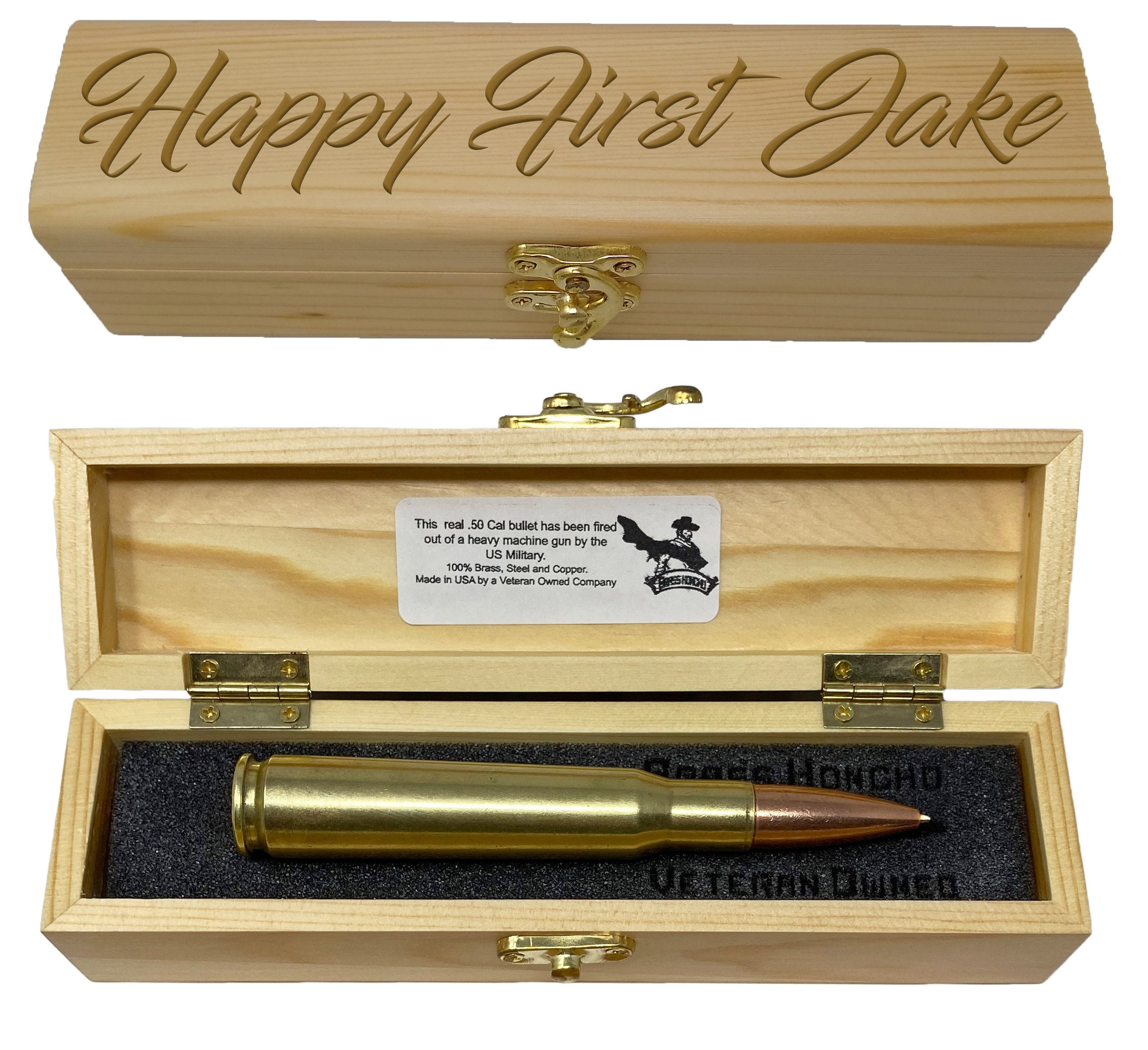 Gift for Marines .50 cal BMG Bullet Pen in Engraved Wood Gift Box – Brass  Honcho
