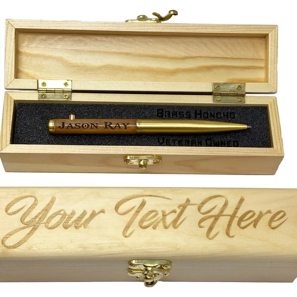 Brass & Wood Retractable Pen With Engraved Gift Box | Memorable present for veteran Husband / boyfriend.  Heavy Weight high quality feel.