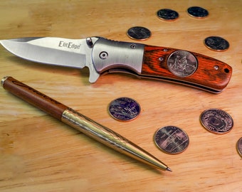 California State Coin Pocket Knife | Custom Engraved Presentation Gift |  Real Wood Gift Box