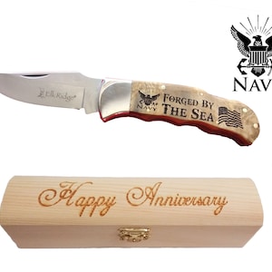 Us Navy Gifts - Personalized Folding Naval Knife & Wood Gift Box | USN Gifted Person | Thoughtful and Memorable Gifts for Sailor / veteran