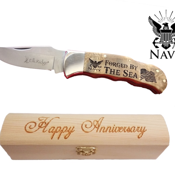 Us Navy Gifts - Personalized Folding Naval Knife & Wood Gift Box | USN Gifted Person | Thoughtful and Memorable Gifts for Sailor / veteran