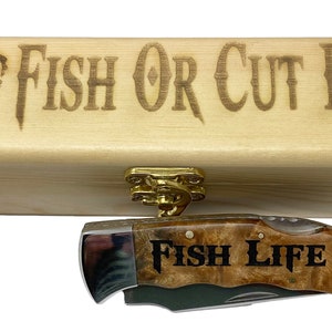 Personalized Fishing Pocket Knife & Gift Box: Burl Wood Handle