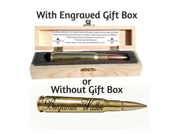 Personalized Bullet Dummy Desk Ornament - Made From a Real .50 Cal Bullet | Engraved wood Gift Box