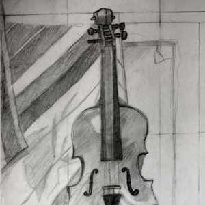 Violin - Still life  Pencil Sketch Study Original Drawing on paper Black and White Print